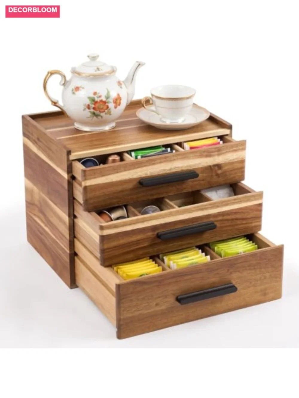 Acacia Wood Tea Bag Organizer 3 Drawers 27 Slots Coffee Capsule Holder